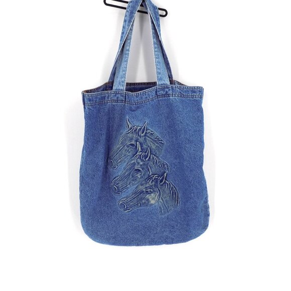 The Unbranded Brand Handbags - Denim Embossed Horse Large Tote Bag Light wash blue Vintage Unbranded